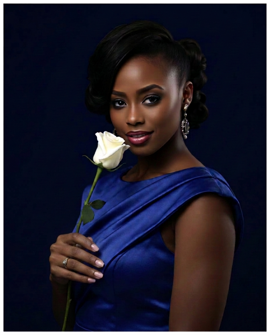 A soror in royal blue holding a single white rose