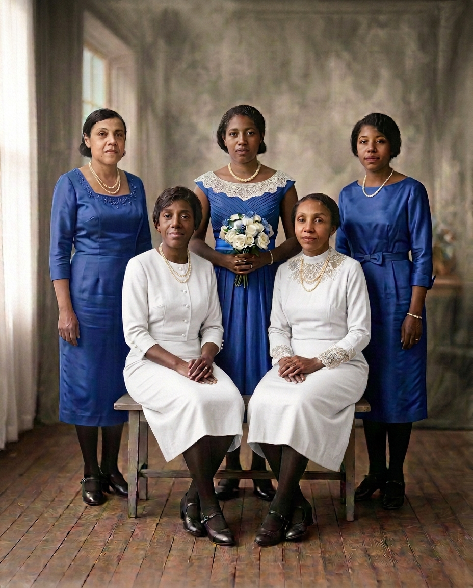 The five Founders of Zeta Phi Beta Sorority, Inc. in royal blue period dresses holding white roses with blue accent flowers