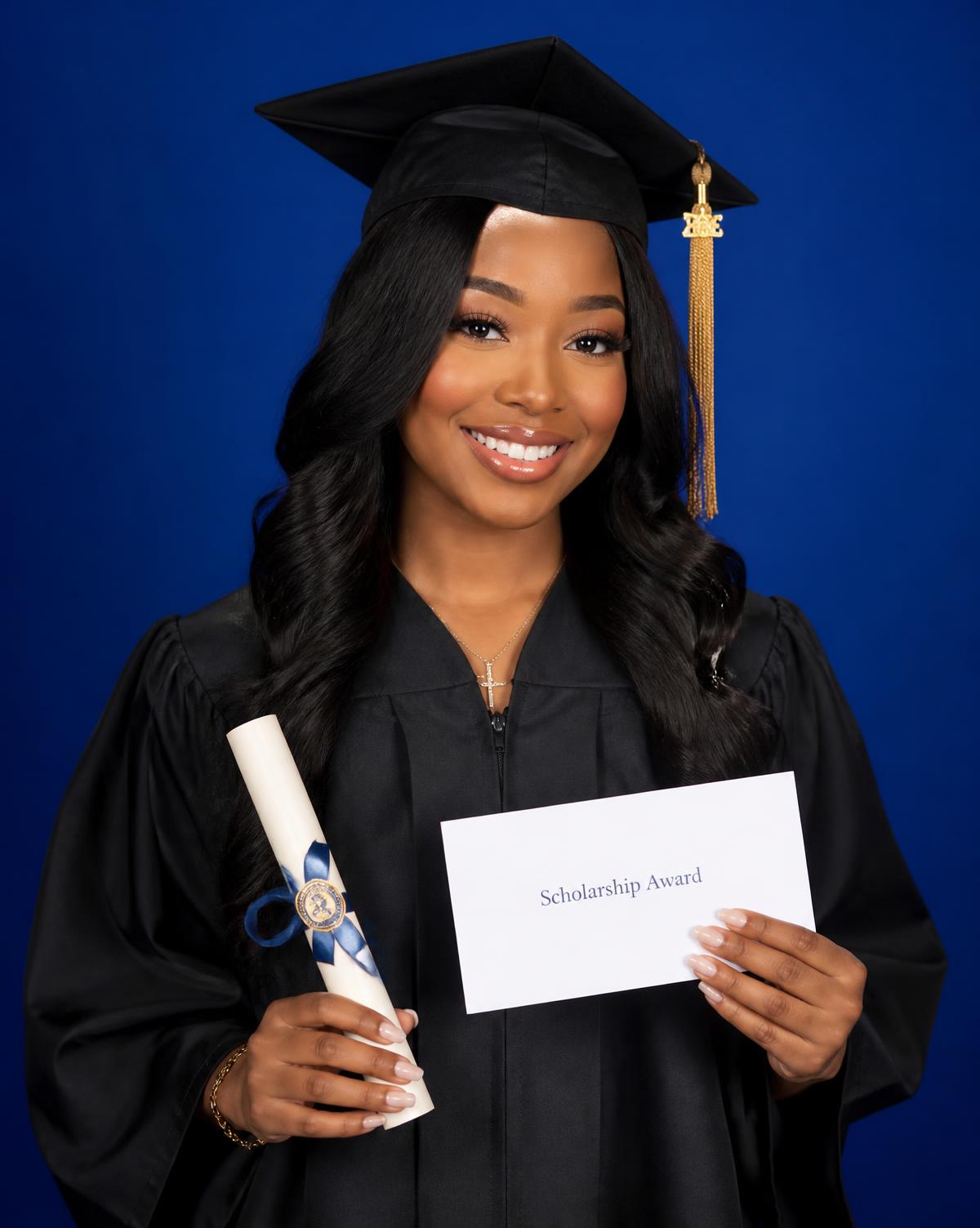 A scholarship recipient in graduation cap and gown